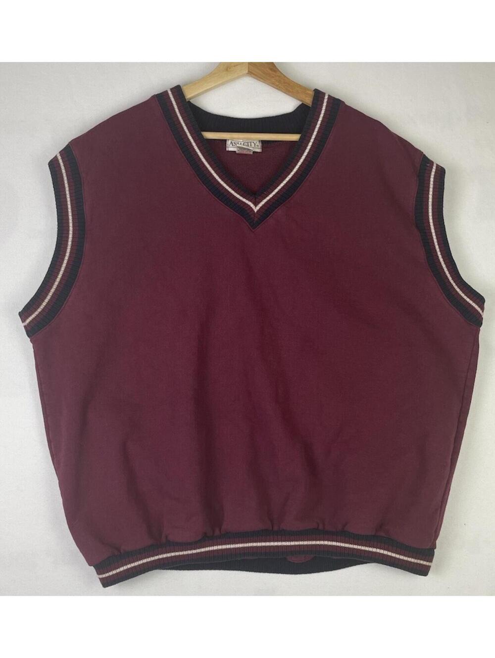 Vintage Ash City Burgandy V Neck Boxy Cotton Vest Made In Canada Size XXL